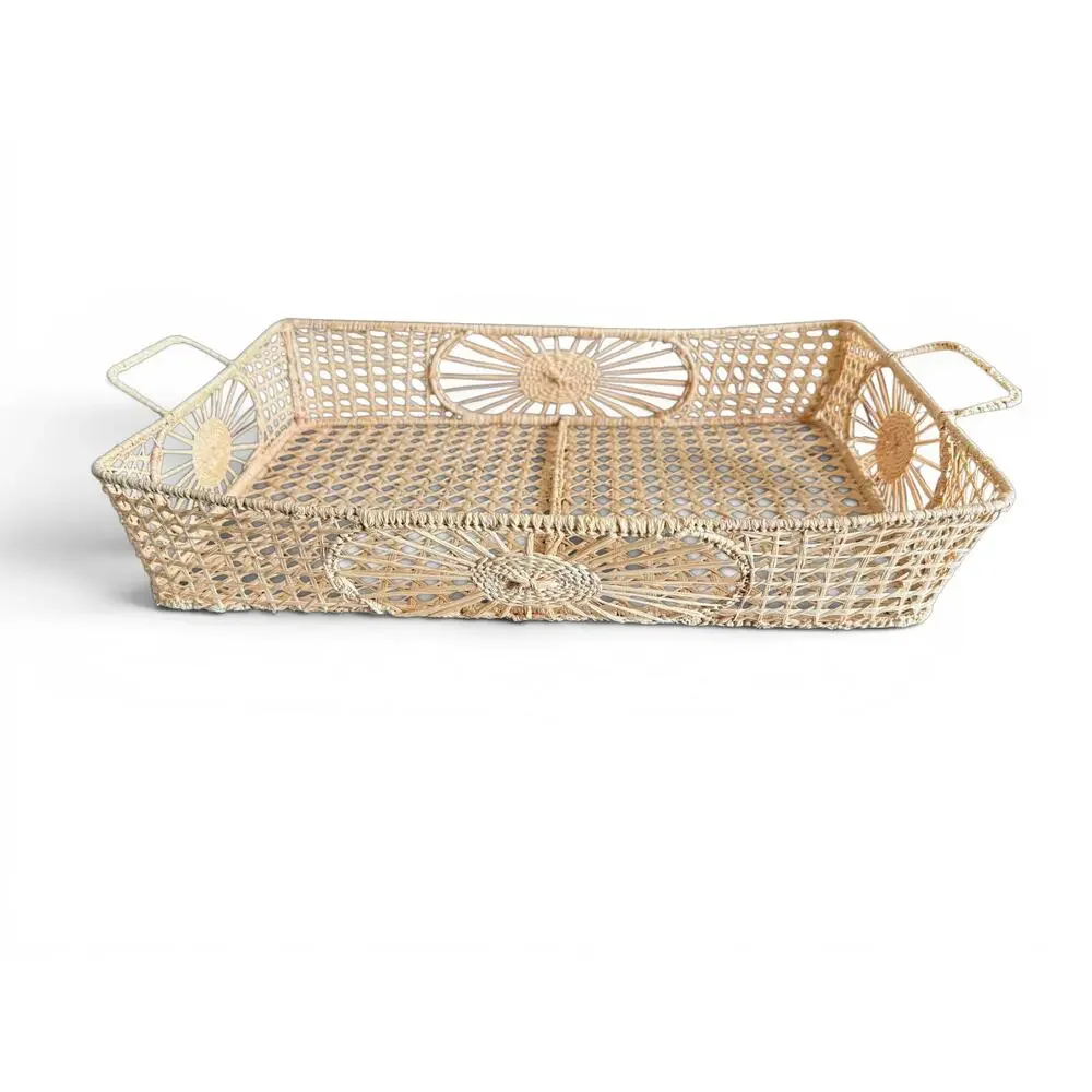 Vintage Iraca Palm Woven Serving Tray Basket-Boho-Coastal-Farmhouse-Organizer